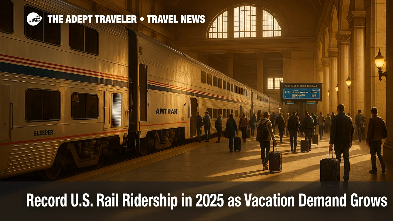 Busy Chicago Union Station platform with a long distance Amtrak train boarding as record ridership in 2025 reshapes U.S. rail vacation travel