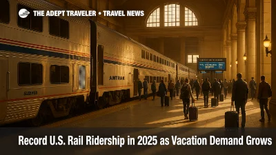 Busy Chicago Union Station platform with a long distance Amtrak train boarding as record ridership in 2025 reshapes U.S. rail vacation travel
