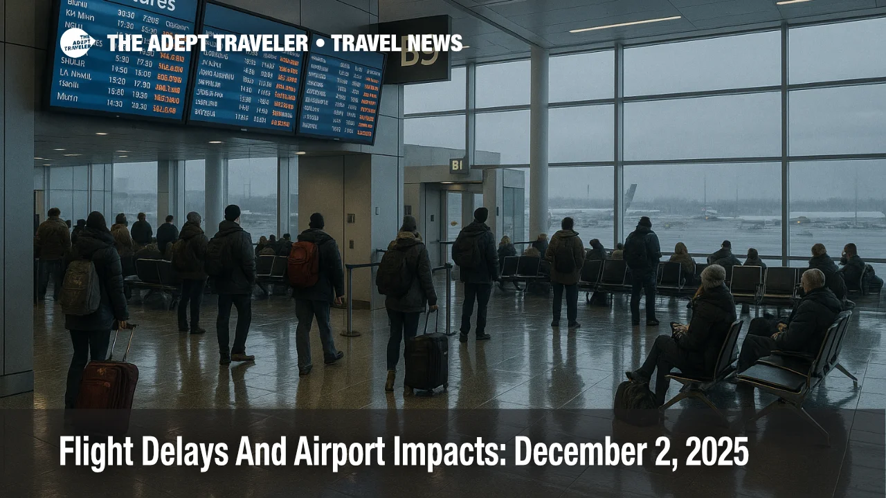 Passengers at Boston Logan Airport as US flight delays December 2 2025 grow during a winter storm in the Northeast