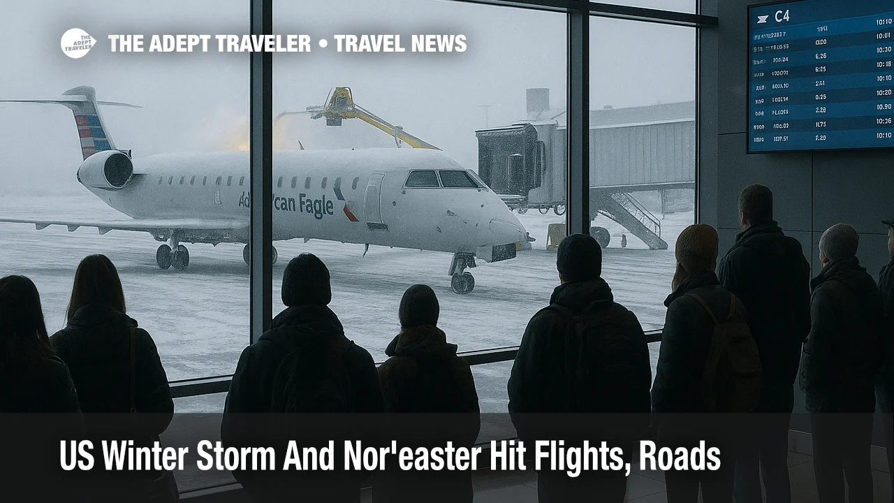 Travelers watch a regional jet being deiced at Des Moines airport as a US winter storm flights disruption ripples toward a Northeast nor'easter