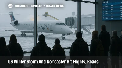 Travelers watch a regional jet being deiced at Des Moines airport as a US winter storm flights disruption ripples toward a Northeast nor'easter