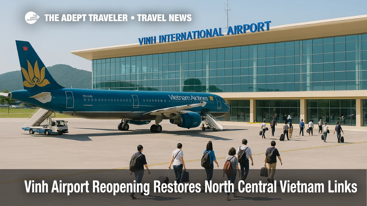 Travelers walk across the apron at Vinh airport reopening December 2025 as domestic flights resume to restore links with North Central Vietnam