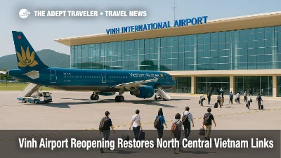 Travelers walk across the apron at Vinh airport reopening December 2025 as domestic flights resume to restore links with North Central Vietnam