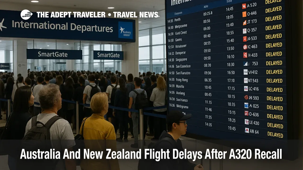 Travelers queue at Sydney airport SmartGate and check a departures board as Australia New Zealand flight delays and border IT issues disrupt connections