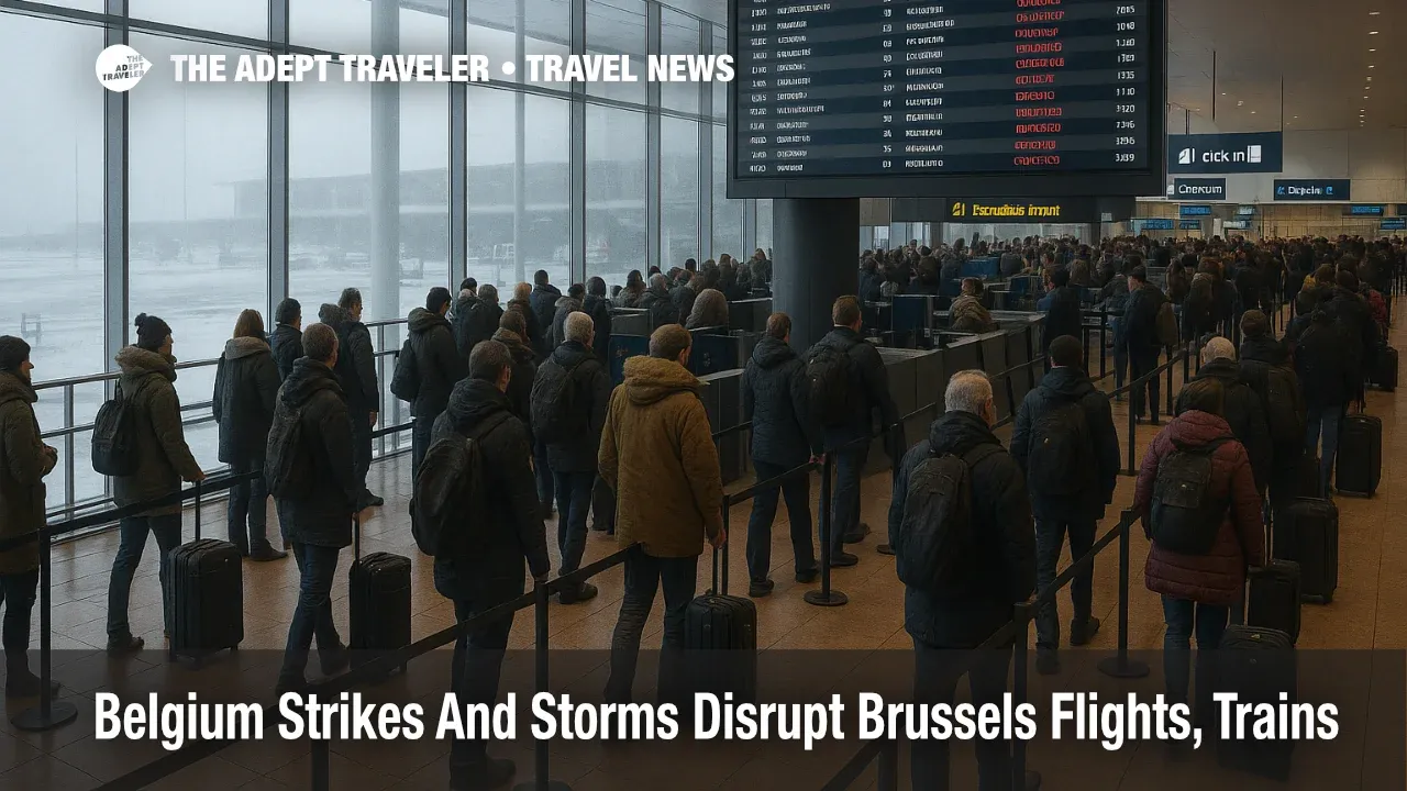 Travelers queue under a departures board at Brussels Airport as Belgium strikes Brussels flights during winter storms, with several services shown cancelled