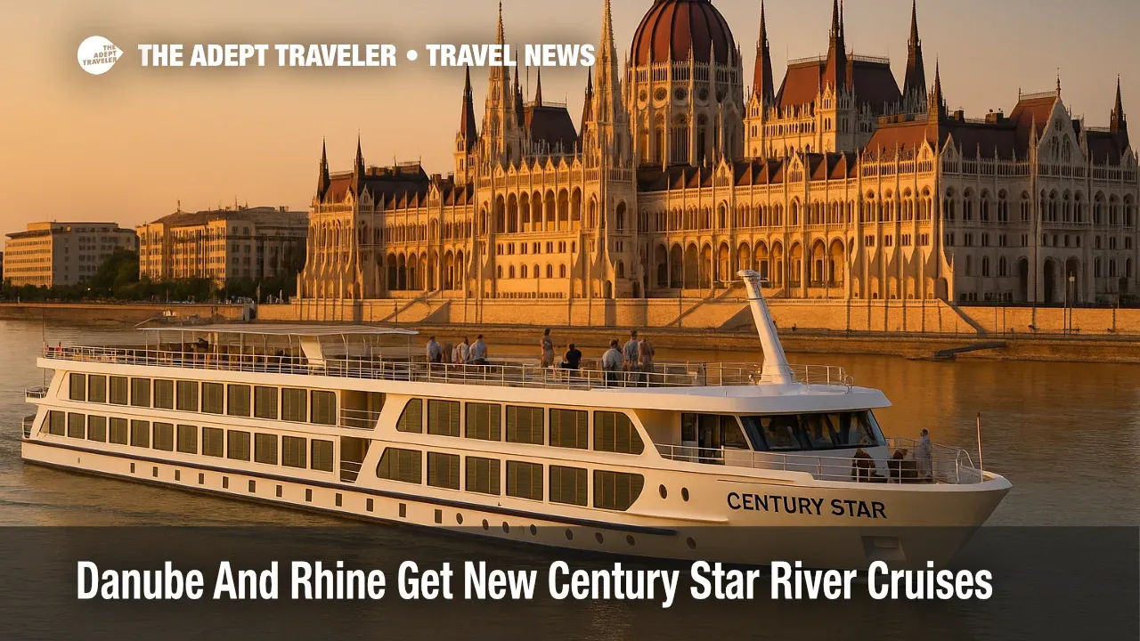 Century Star Danube river cruise ship passes the Budapest Parliament at sunset, showing passengers on deck as the new eco friendly vessel enters Europe
