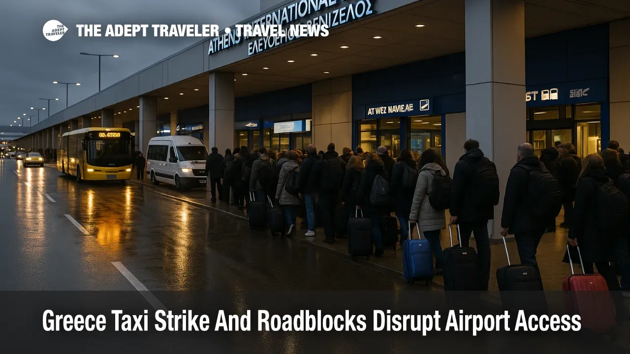 Travelers queue for buses outside Athens airport as the Greece taxi strike airport access disruption and wet winter roads slow December trips