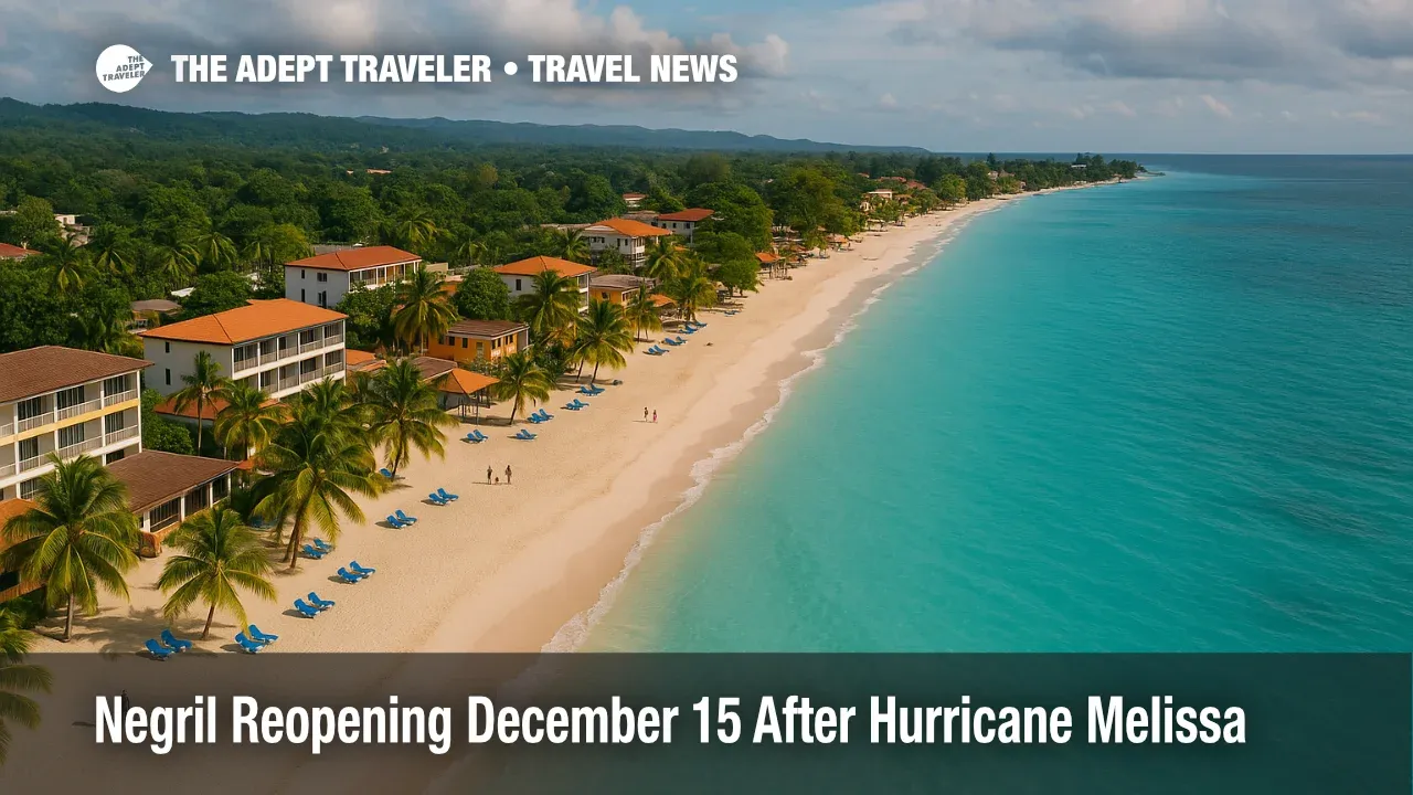 Aerial view of Negril resort reopening December 15 shows repaired hotels and calm seas along Seven Mile Beach after Hurricane Melissa