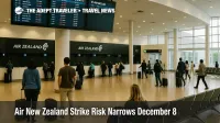 Travelers at Auckland Airport watch boards as Air New Zealand strike December 8 disrupts narrowbody flights.