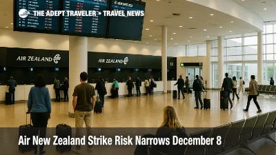 Travelers at Auckland Airport watch boards as Air New Zealand strike December 8 disrupts narrowbody flights.