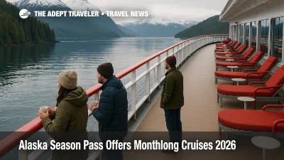 Adults relax on a cruise ship deck in the Alaska Inside Passage near Ketchikan, illustrating the Alaska cruise season pass 2026 monthlong voyage