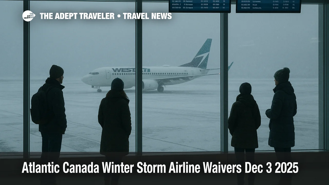 Snow and wind reduce visibility at Halifax airport as Atlantic Canada storm waivers let WestJet passengers adjust flights.
