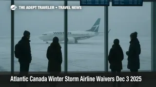 Snow and wind reduce visibility at Halifax airport as Atlantic Canada storm waivers let WestJet passengers adjust flights.