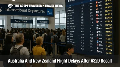 Travelers queue at Sydney airport SmartGate and check a departures board as Australia New Zealand flight delays and border IT issues disrupt connections