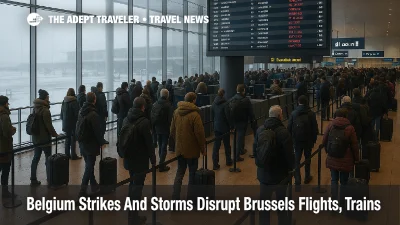 Travelers queue under a departures board at Brussels Airport as Belgium strikes Brussels flights during winter storms, with several services shown cancelled