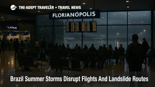 Travelers at Florianópolis airport during Brazil summer storms flights disruption, with delays on boards and runways outside