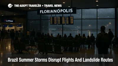 Travelers at Florianópolis airport during Brazil summer storms flights disruption, with delays on boards and runways outside