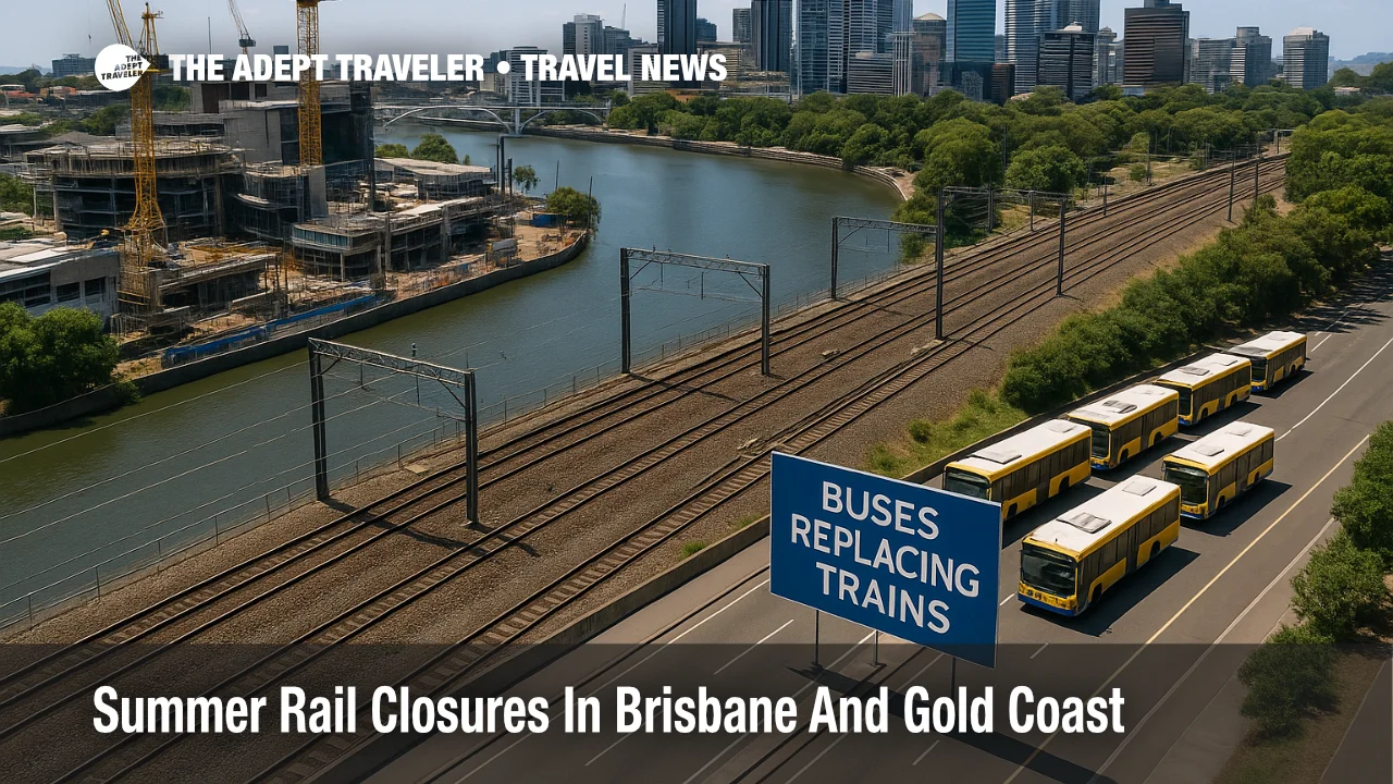 Summer rail closures in Brisbane and Gold Coast rail corridors showing buses replacing trains near Roma Street during December 2025 Cross River Rail works.