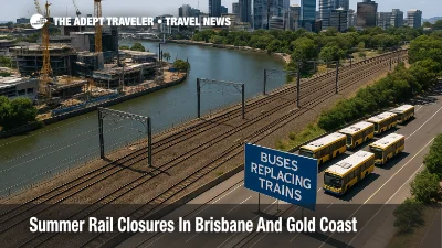 Summer rail closures in Brisbane and Gold Coast rail corridors showing buses replacing trains near Roma Street during December 2025 Cross River Rail works.