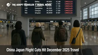 Travelers watch a departures board at Kansai International Airport as China Japan flight cuts cancel December flights.
