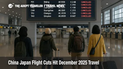 Travelers watch a departures board at Kansai International Airport as China Japan flight cuts cancel December flights.