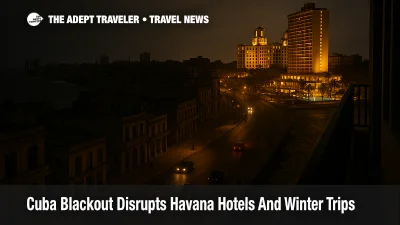 Evening blackout in Havana shows a Cuba blackout leaving most city blocks dark while a few generator powered hotels stay lit along the seafront