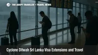 Travelers inside Bandaranaike International Airport navigate delays as Cyclone Ditwah Sri Lanka visa extension measures support those stranded by flooding.