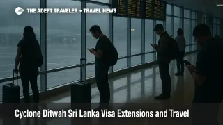 Travelers inside Bandaranaike International Airport navigate delays as Cyclone Ditwah Sri Lanka visa extension measures support those stranded by flooding.