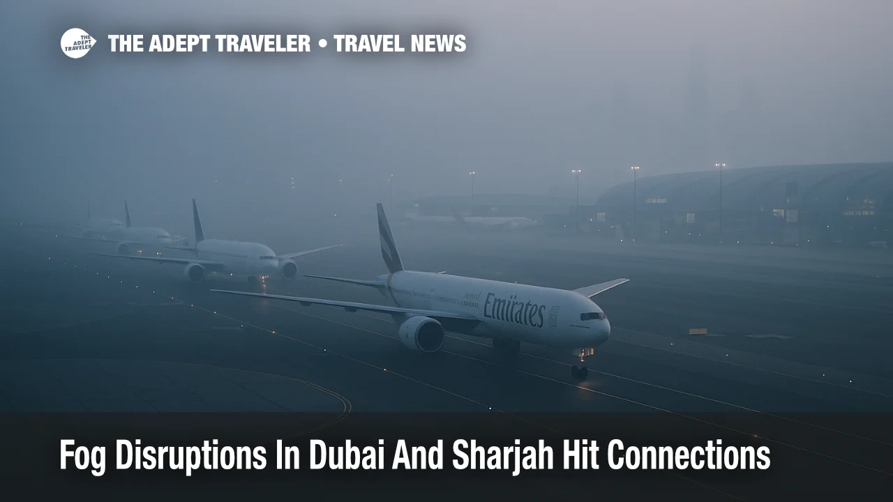 Dense fog at Dubai International Airport with aircraft waiting to depart, highlighting Dubai Sharjah fog flight delays.