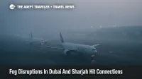 Dense fog at Dubai International Airport with aircraft waiting to depart, highlighting Dubai Sharjah fog flight delays.