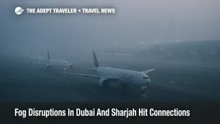 Dense fog at Dubai International Airport with aircraft waiting to depart, highlighting Dubai Sharjah fog flight delays.