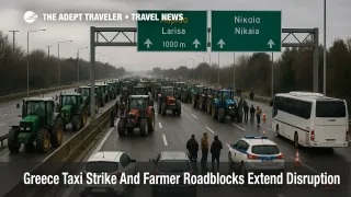 Tractors block the Athens Thessaloniki highway as Greece taxi strike roadblocks force travelers to reroute during December 2025 disruptions
