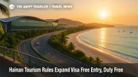 Wide sunrise view of Sanya airport and nearby beach showing how Hainan visa free entry and duty free rules support cruise, air, and self drive trips across the island.
