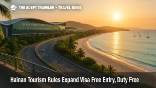Wide sunrise view of Sanya airport and nearby beach showing how Hainan visa free entry and duty free rules support cruise, air, and self drive trips across the island.