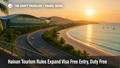 Wide sunrise view of Sanya airport and nearby beach showing how Hainan visa free entry and duty free rules support cruise, air, and self drive trips across the island.