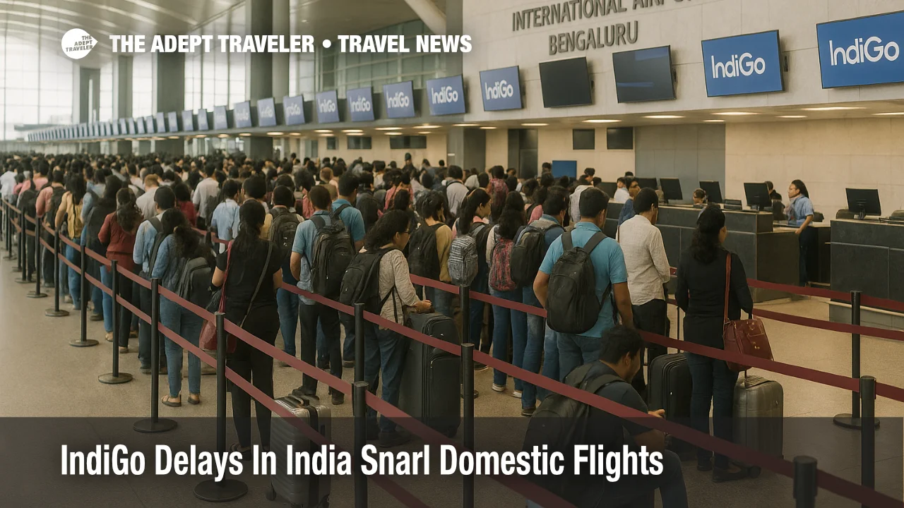 Long queues at Bengaluru airport as IndiGo delays in India disrupt domestic flights after a check in outage.