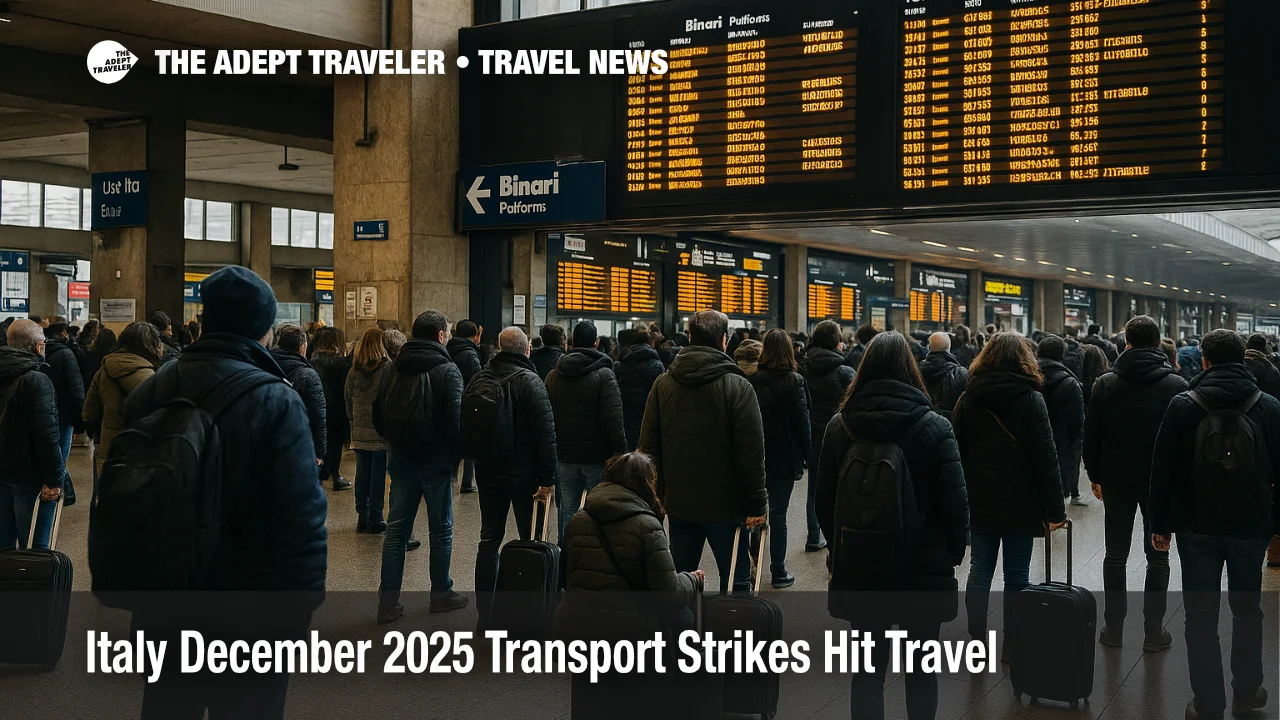 Travelers study departure boards at Roma Termini during Italy December transport strikes that delay winter rail journeys across the country