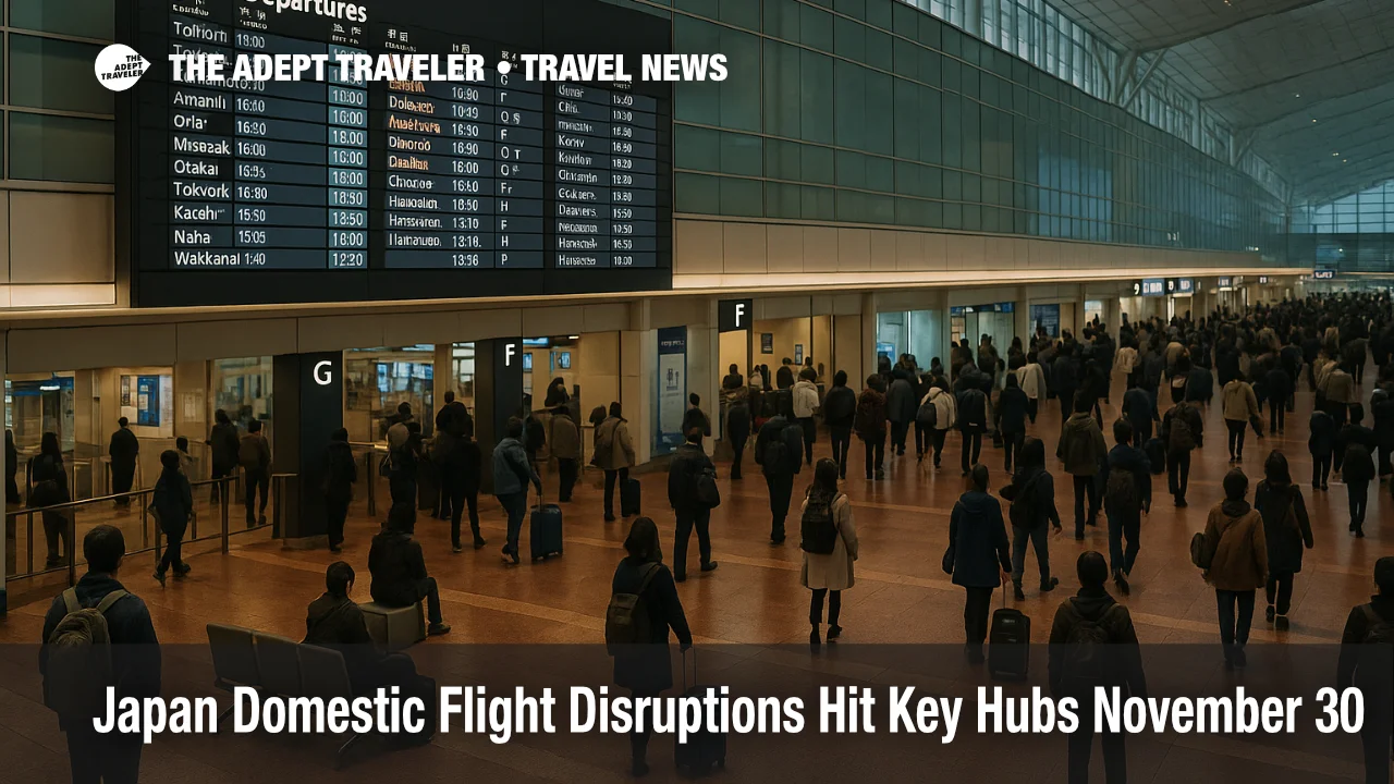 Travelers watch departure boards at Tokyo Haneda as Japan domestic flight disruptions cause delays across crowded terminal gates