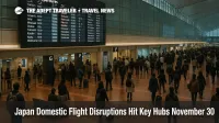 Travelers watch departure boards at Tokyo Haneda as Japan domestic flight disruptions cause delays across crowded terminal gates
