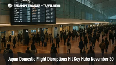 Travelers watch departure boards at Tokyo Haneda as Japan domestic flight disruptions cause delays across crowded terminal gates