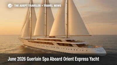 Guerlain spa Orient Express yacht Corinthian sailing calmly in the Mediterranean, highlighting the ship as a luxury wellness cruise destination for 2026 travelers