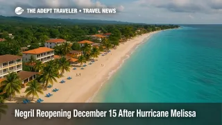 Aerial view of Negril resort reopening December 15 shows repaired hotels and calm seas along Seven Mile Beach after Hurricane Melissa