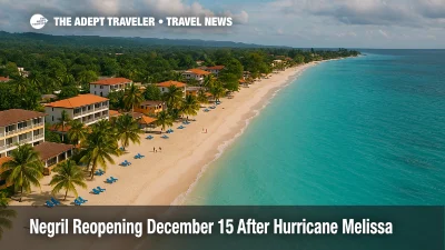 Aerial view of Negril resort reopening December 15 shows repaired hotels and calm seas along Seven Mile Beach after Hurricane Melissa