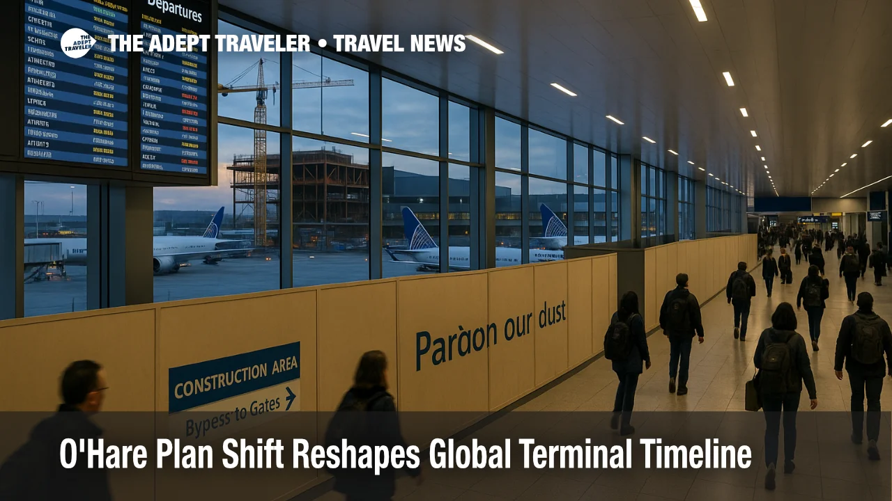 Travelers walk past construction walls in a Chicago O'Hare concourse as the O'Hare global terminal timeline reshapes gate layouts and connections