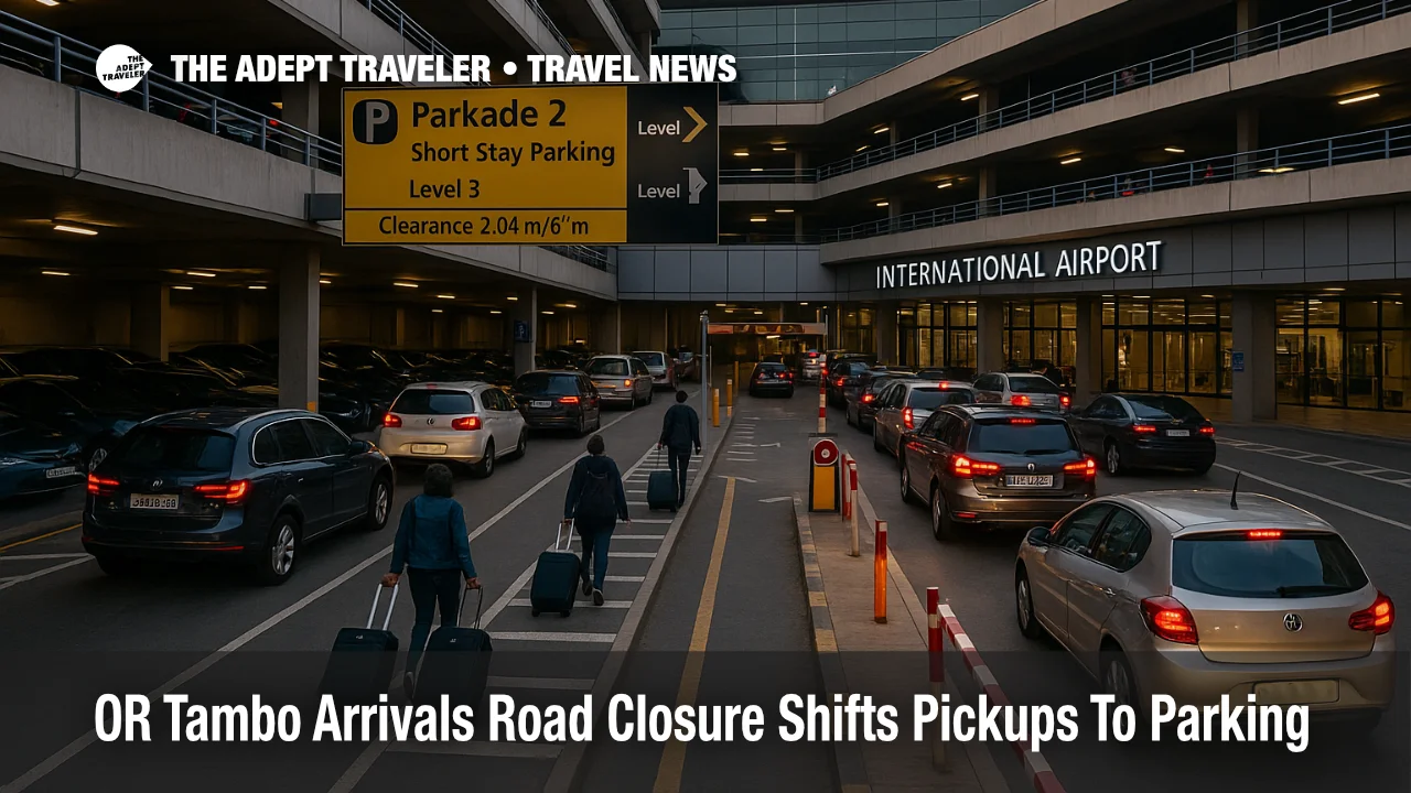 Cars queue inside Parkade 2 as the OR Tambo arrivals road closure moves airport pickups from the lower roadway into multi level parking during festive season travel