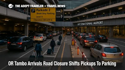 Cars queue inside Parkade 2 as the OR Tambo arrivals road closure moves airport pickups from the lower roadway into multi level parking during festive season travel