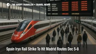 Travelers wait beside an Iryo high speed train at Madrid Atocha as the Spain Iryo rail strike cancels departures between Madrid and Barcelona