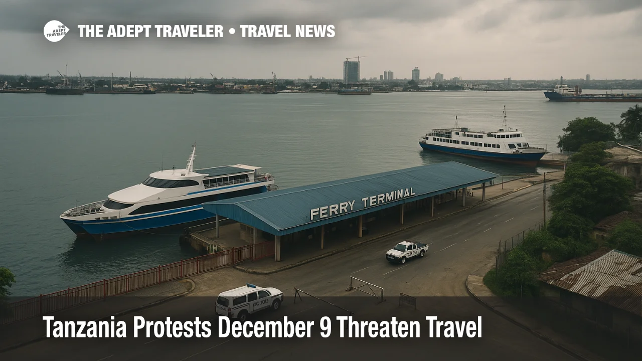 View of Dar es Salaam ferry terminal in Tanzania as services face Tanzania protests December 9 travel disruption, with ferries idle and cloudy skies over the harbor.