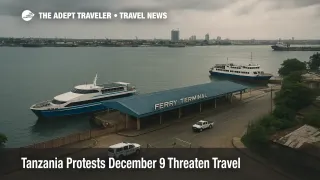 View of Dar es Salaam ferry terminal in Tanzania as services face Tanzania protests December 9 travel disruption, with ferries idle and cloudy skies over the harbor.