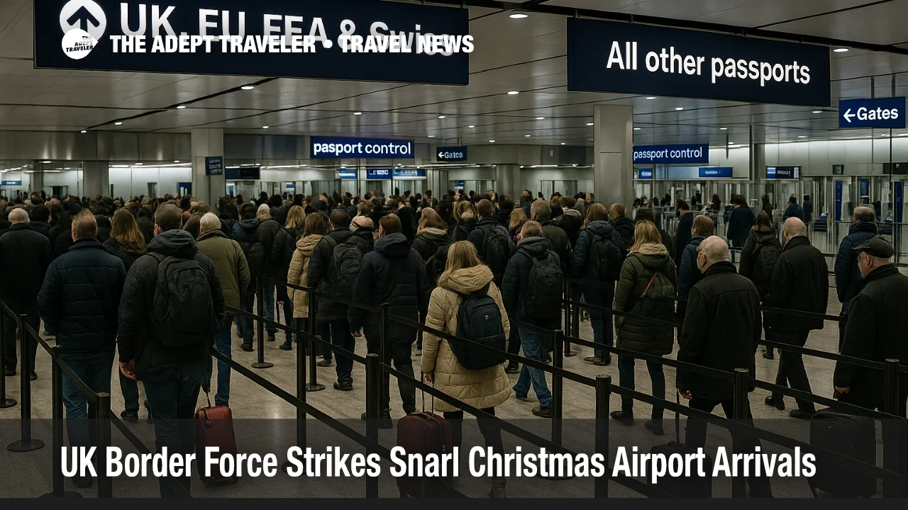 Passengers queue at London Heathrow passport control as UK Border Force strikes slow Christmas airport arrivals and increase missed connection risk.